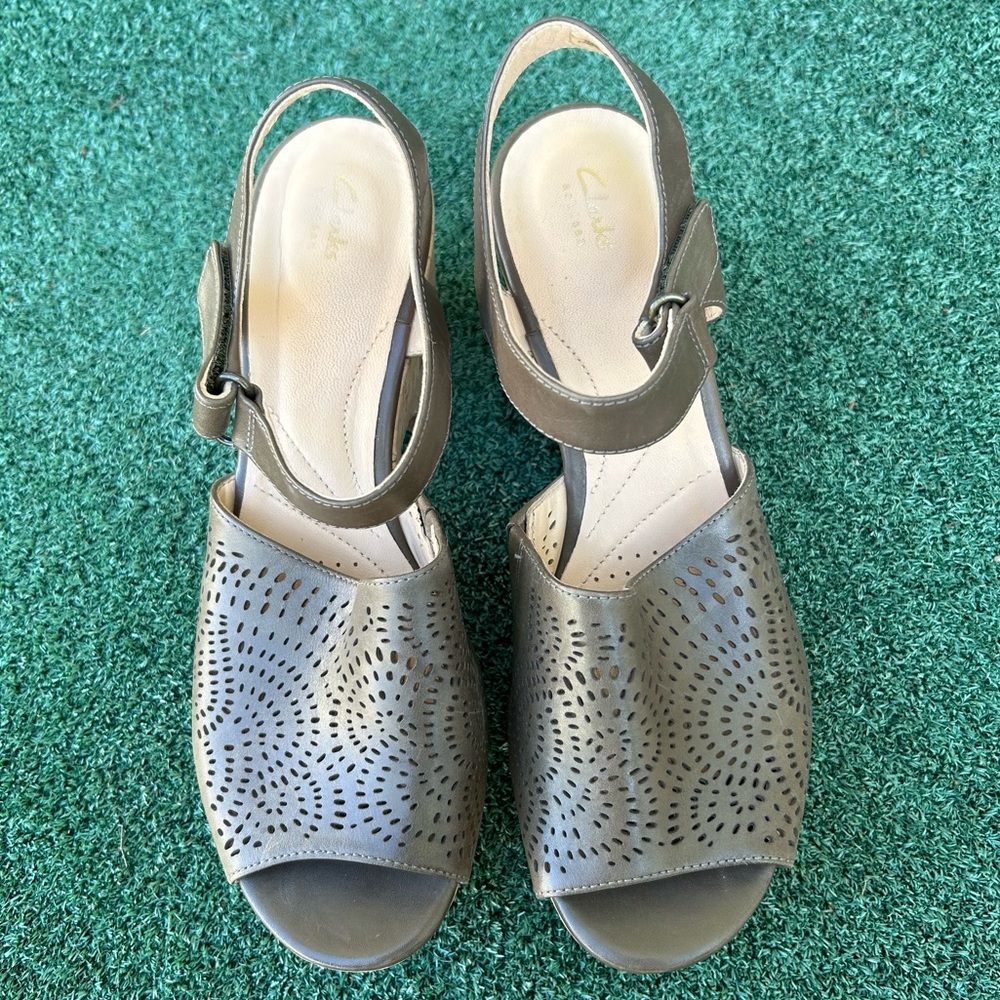 Clarks Artisan Maritsa Nila Leather Cork Wedge Platform Sandal Leather Green 8.5 - Picture 12 of 13